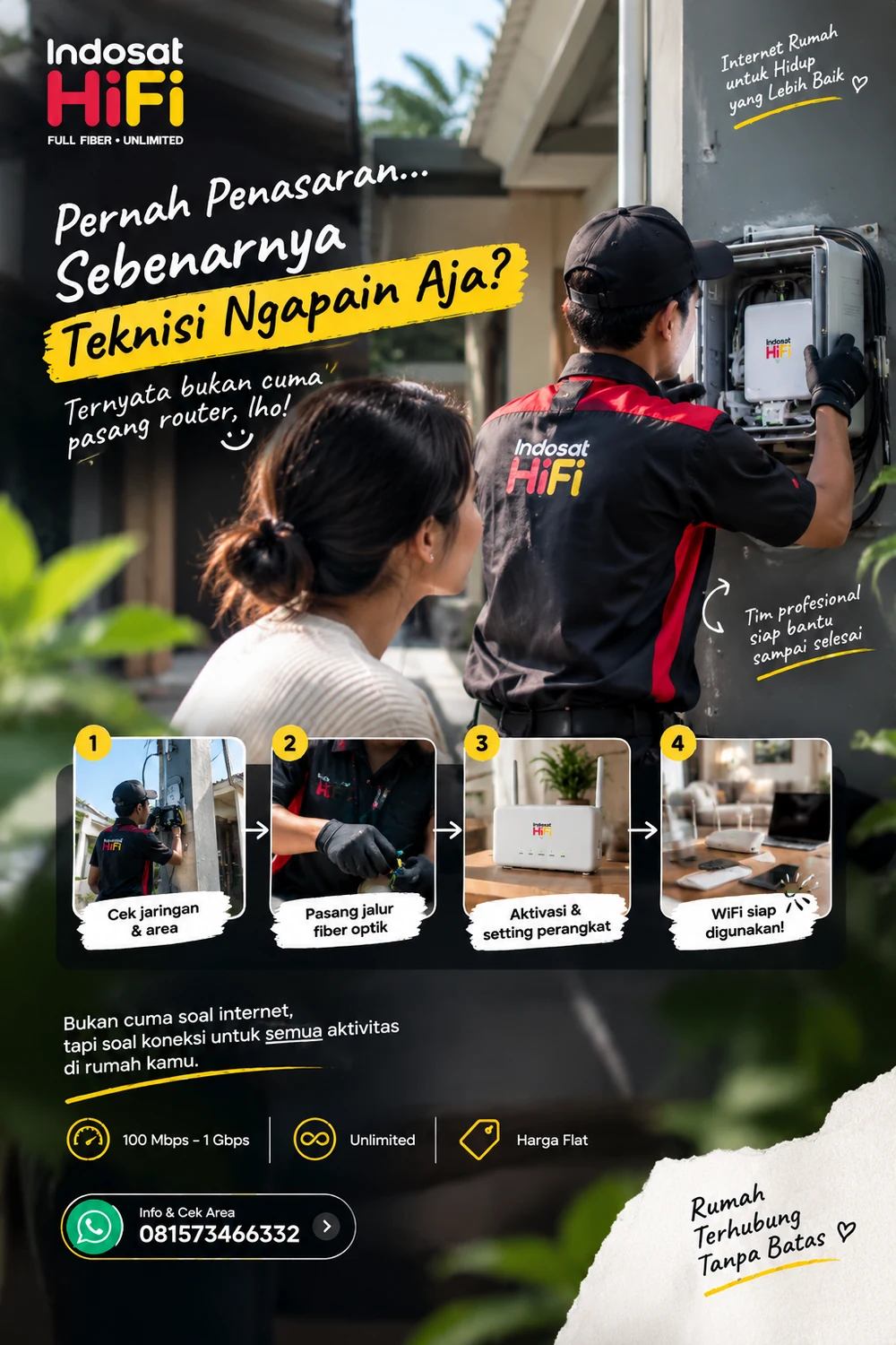 Teknisi Indosat HiFi melakukan pemasangan fiber optik di rumah pelanggan